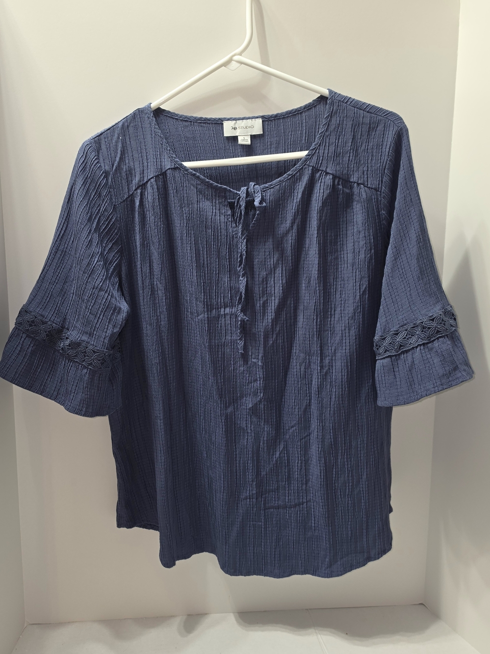 AB Studio Navy Textured Tie-Front Peasant Blouse